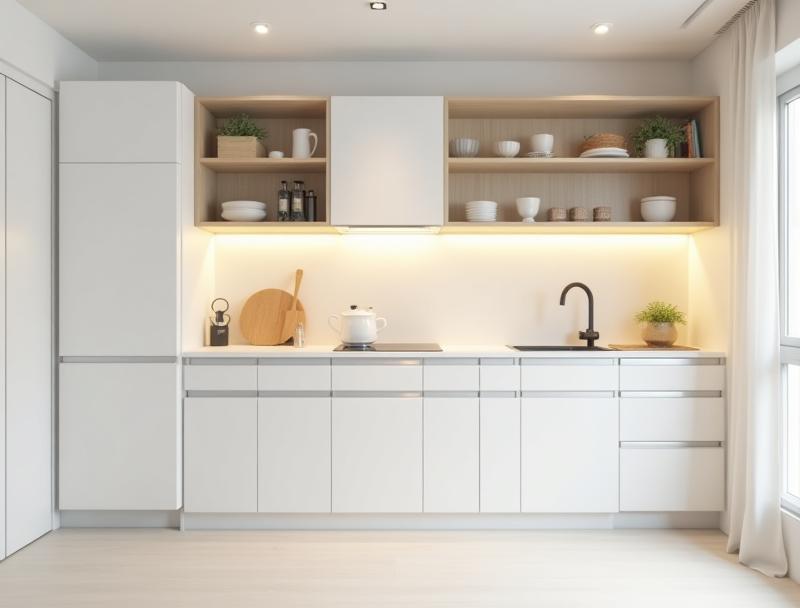 Efficient and functional compact modular kitchen design optimized for a small apartment space