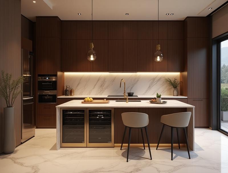 Interior view of a luxurious modular kitchen fitted with high-end finishes and integrated appliances