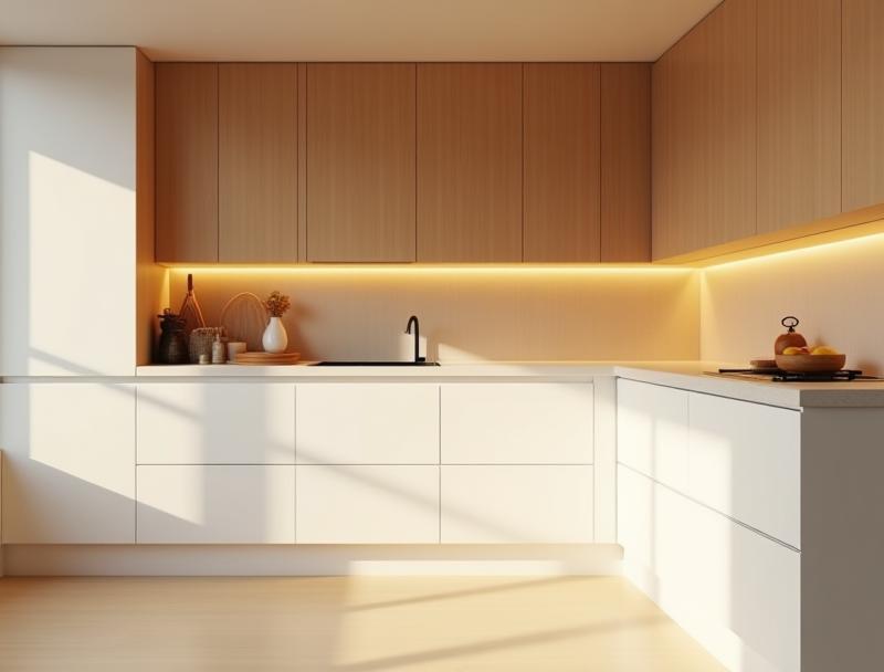 Example of a minimalist kitchen design incorporating warm wood accents and handleless cabinets