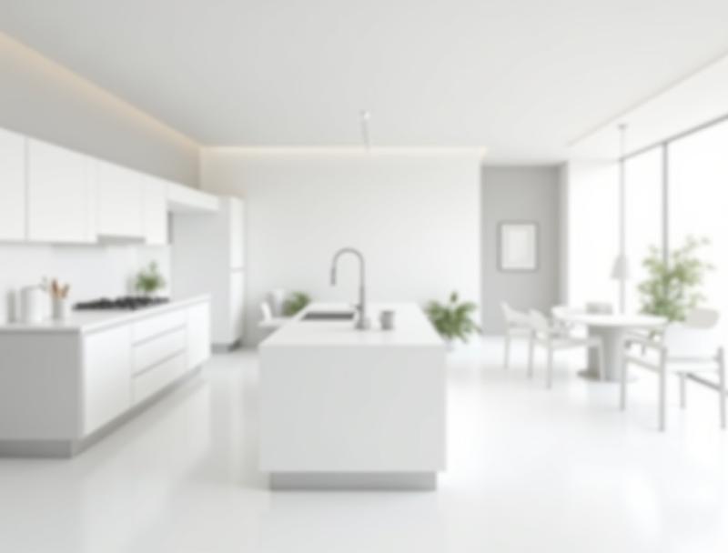 Showcase of a sleek modern white modular kitchen featuring a central island and clean lines