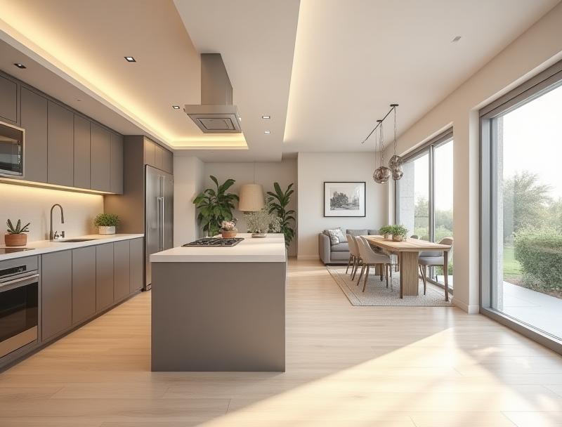 View of an open-plan modular kitchen design that flows smoothly into the adjacent dining or living area