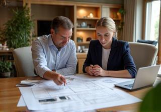 Designer consulting with a client over kitchen plans and material samples