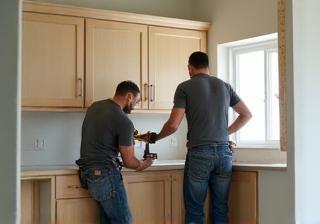Skilled kitchen installers carefully working on fitting cabinets into a kitchen space