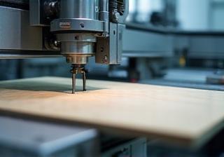 Precision machinery manufacturing a kitchen cabinet panel in a factory setting