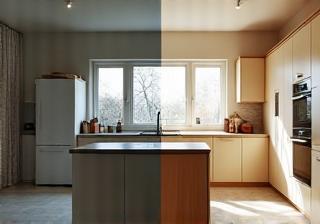 Before and after image showing a dramatic kitchen renovation transformation